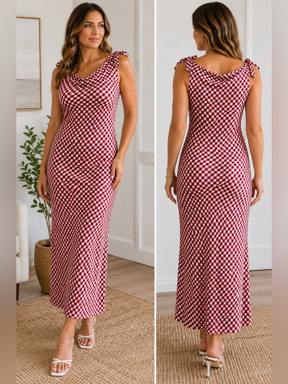 Caroline Constas Red Gingham Tie-Shoulder Maxi Dress Small